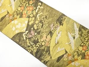 地紙に荒波・鶴・草花模様織り出し　袋帯